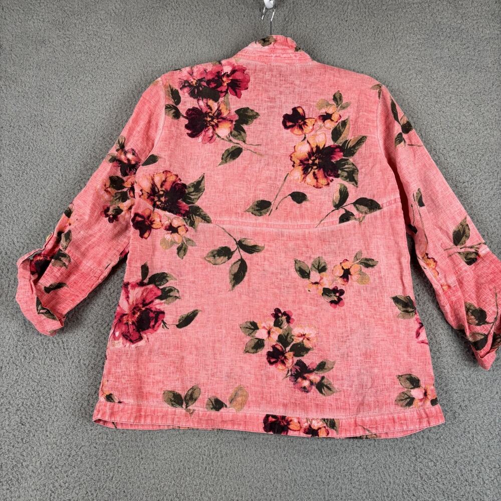 John Mark Linen Tunic Small Floral Lagenlook Cottage Roll Tab Pockets Natural - Picture 10 of 11